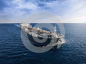 Aerial front view of a heavy loaded crude oil cargo tanker