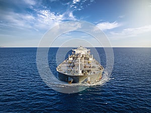 Aerial front view of a heavy loaded oil cargo tanker