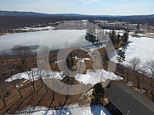 Aerial of frozen lake shores