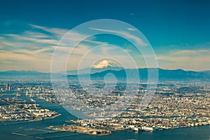 Aerial fuji mountain with tokyo cityscape view