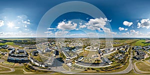 aerial full seamless spherical 360 hdri panorama view above great height of small provincial town with private sector and high-