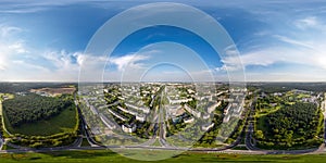 aerial full seamless spherical 360 hdri panorama view above road junction with traffic in city overlooking of residential area of