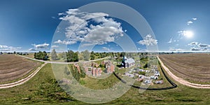 aerial full seamless spherical hdri 360 panorama over ruined abandoned church with arches without roof in equirectangular