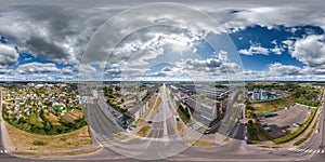 aerial full seamless spherical hdri 360 panorama view from great height over wide avenue in provincial town in equirectangular