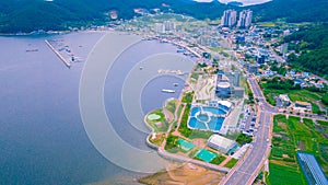 Aerial of Geoje Shipbuilding Marine Cultural Center located in Geoje city of South Korea.