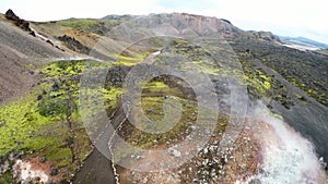 Aerial of geothermal fumarole in Iceland in autumn