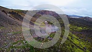 Aerial of geothermal fumarole in Iceland in autumn