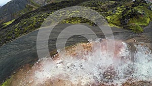 Aerial of geothermal fumarole in Iceland in autumn