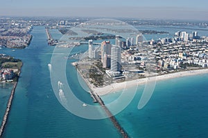 Aerial of Government Cut, Miami skyline and beaches