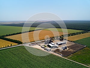 Aerial of grain elevator in front of wheat field. Drone photo above flour mill or oil extraction plant, seed plant