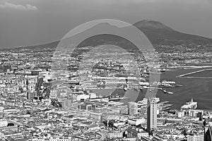 Aerial graphical view Naples City with its Port and Mount Vesuvius Monte Vesuvio at the back, Naples Napoli, Campania, Italy