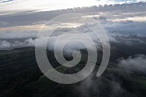 Aerial of Green Hills and Clouds in Northern California