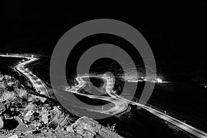 Aerial greyscale night view of the Al-Hada Road Taif