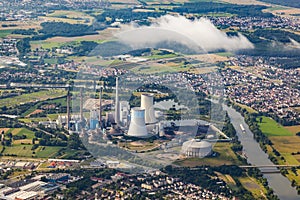 Aerial of Grosskrotzenburg power station, Main river, Germany