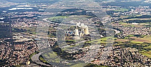 Aerial of Grosskrotzenburg power station, Main river, Germany, H