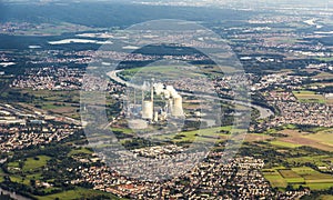 Aerial of Grosskrotzenburg power station, Main river, Germany, H