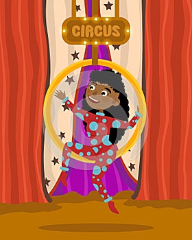 Aerial gymnast with brown skin and curly hair in a bright suit with a pattern of circles smiles and performs tricks on a large han