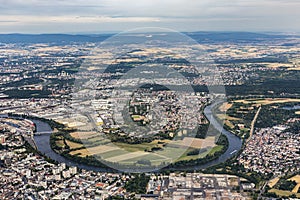 Aerial of Hanau near Frankfurt with river Main loop