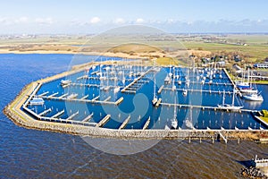 Aerial from the harbor from Hindeloopen at the IJsselmeer in the Netherlands