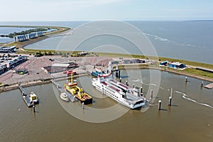 Aerial from the harbor in Lauwersoog with the ferry to Schiermonnikoog