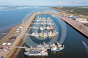 Aerial from the harbor from Lauwersoog in Friesland the Netherlands