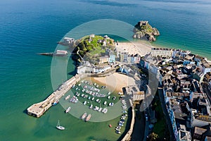 Aerial of the harbour and colorful buildings in the Welsh tourist town of Tenby