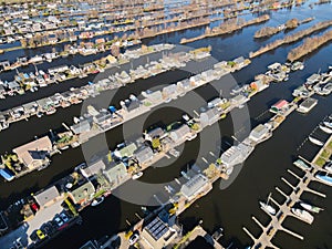 Aerial of the harbour of Scheendijk Loosdrechtse Plassen near Breukelen in The Netherlands. Waterways landscape.