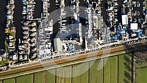 Aerial of the harbour of Scheendijk Loosdrechtse Plassen near Breukelen in The Netherlands. Waterways landscape.