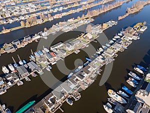 Aerial of the harbour of Scheendijk Loosdrechtse Plassen near Breukelen in The Netherlands. Waterways landscape.