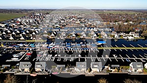 Aerial of the harbour of Scheendijk Loosdrechtse Plassen near Breukelen in The Netherlands. Waterways landscape.