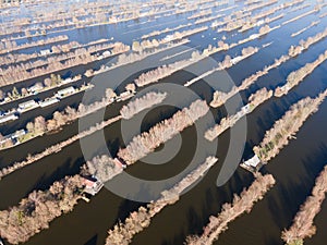 Aerial of the harbour of Scheendijk Loosdrechtse Plassen near Breukelen in The Netherlands. Waterways landscape.