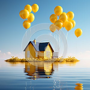 Aerial Harmony: Minimal Conceptual Image of Floating Yellow House and Gold Balloons on Blue Background (3D Rendering