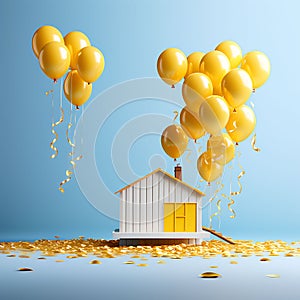 Aerial Harmony: Minimal Conceptual Image of Floating Yellow House and Gold Balloons on Blue Background (3D Rendering