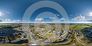 aerial hdri 360 panorama view over residential complex in provincial town from great height in equirectangular seamless spherical