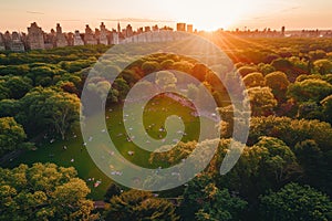 Aerial helicopter photo over central park with people picnicking in manhattan cityscape at sunset photo