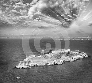 Aerial helicopter view of Alcatraz Island, San Francisco