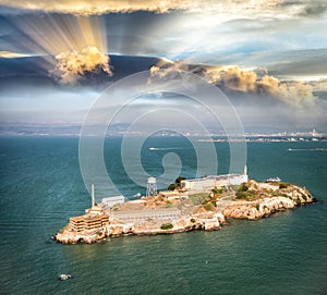 Aerial helicopter view of Alcatraz Island, San Francisco