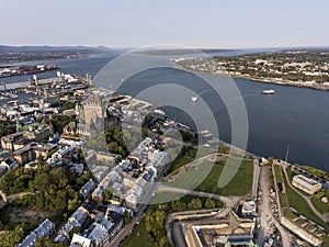 Aerial helicopter view of skyline - hotel and Old Port Saint Lawrence in Quebec City Canada.