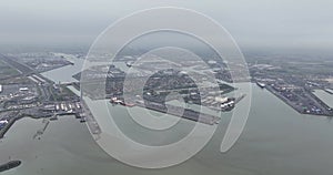 Aerial high altitude ovevriew of Zeebrugge port at Knokke Heist, industrial port and commercial industrial zone. Belgium