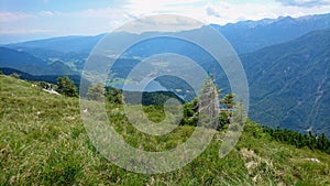 Aerial and high angle view on Bohinjsko jezero, Lake Bohinj and Stara Fuzina in Slovenia