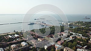 Aerial high drone flight over Middle Harbour and Petrovsk Park Kronstadt Russia,Shot in 4K UHD