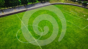 aerial high view angle football stadium municipal sport object vivid green background texture surface