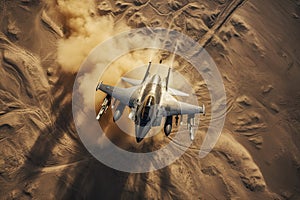 aerial high view of a generic military fighter jet crosses over a target bombing location during a special operation