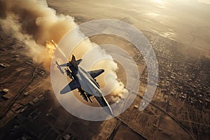 aerial high view of a generic military fighter jet crosses over a target bombing location during a special operation