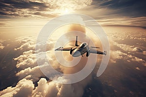 aerial high view of a generic military fighter jet crosses over a target bombing location during a special operation