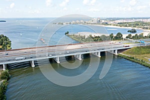 Aerial from the highway A6 near Amsterdam at the IJsselmeer in the Netherlands