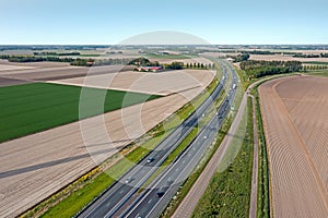 Aerial from the highway A7 in the countryside from Flevoland in the Netherlands