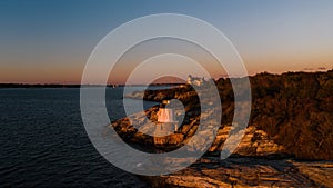 Aerial of Historic Castle Hill Lighthouse at Sunset - Narragansett Bay - Newport, Rhode Island