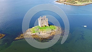 Aerial of the historic castle Stalker in Argyll, Scotland