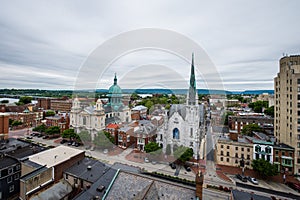 Aerial of Historic downtown Harrisburg, Pennsylvania next to the